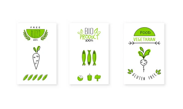 Design logo del prodotto bio, distintivi alimentari vegetariani, emblema per negozio vegano biologico, vettore del mercato agricolo Illustrazione su sfondo bianco — Vettoriale Stock