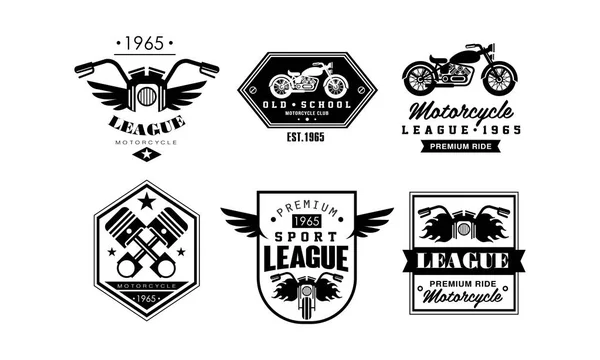 Set logo del campionato motociclistico premium vintage, badge retrò per club motociclisti, negozio di ricambi moto, servizio di riparazione vettoriale Illustrazione su sfondo bianco — Vettoriale Stock