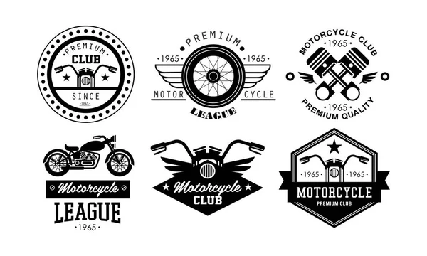 Logo liga motor premium, lencana retro untuk klub motor, toko suku cadang sepeda motor, perbaikan vektor layanan Ilustrasi pada latar belakang putih - Stok Vektor