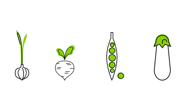 Verse groenten lijn iconen set, knoflook, groene erwten, rode biet, aubergine, gezonde natuurvoeding vector illustratie op een witte achtergrond — Stockvector