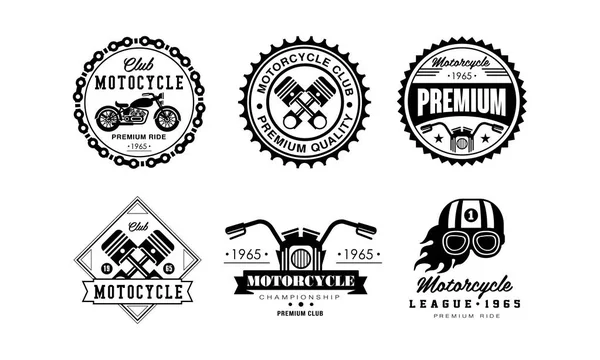 Conjunto de logotipo del club de motocicletas, insignias retro para club de motociclistas, tienda de autopartes, servicio de reparación de vectores Ilustración sobre un fondo blanco — Vector de stock