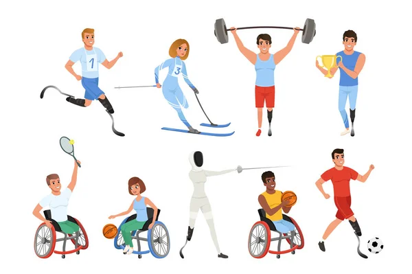 Set Paralympische atleten met een lichamelijke handicap. Lachende mannen en vrouwen deelnemen aan diverse sporten. Actieve levensstijl. Kleurrijke platte vector design — Stockvector