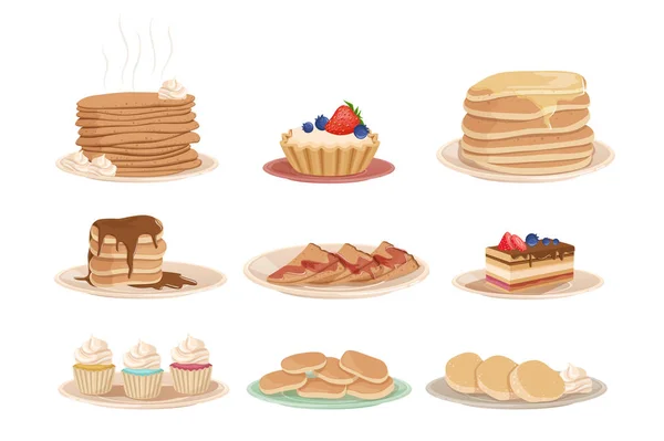 Set with various sweet desserts stack of pancakes, cupcakes, cake, fritters and tartelette. Tasty breakfast. Flat vector design for pastry shop, recipe book or menu — Stock Vector