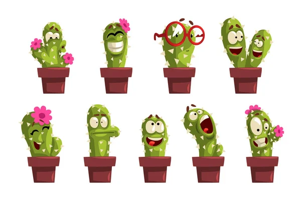 Potted cactus characters sett, funny cactus in flower pot with different emotions vector Ilustraciones sobre un fondo blanco — Vector de stock