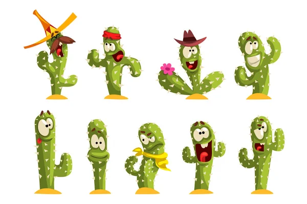 Cactus personajes sett, cactus divertidos con diferentes emociones vector Ilustraciones sobre un fondo blanco — Vector de stock