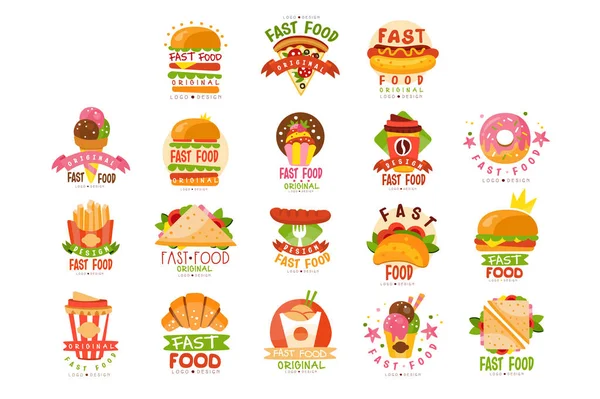 Rychlé jídlo loga sada, jídlo a pití menu, hamburger, hot dog, pizza, taco, káva, Kobliha, sendvič, ice cream cone vektorové ilustrace — Stockový vektor
