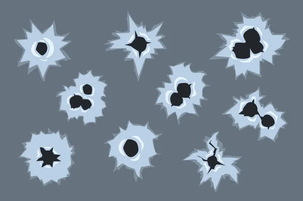 Bullet holes with white cracks and scratches, bullet marks on glass vector illustration on gray background — Stock Vector