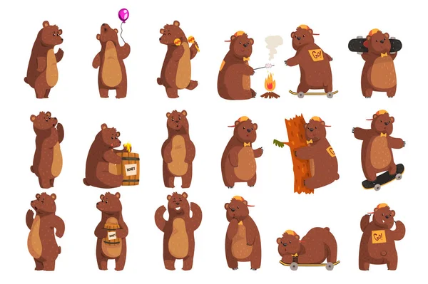 Set with funny bear. Forest animal waving by paw, holding balloon, dancing, howling, calling someone, eating honey from wooden barrel, smiling. Flat vector design Stock Illustration