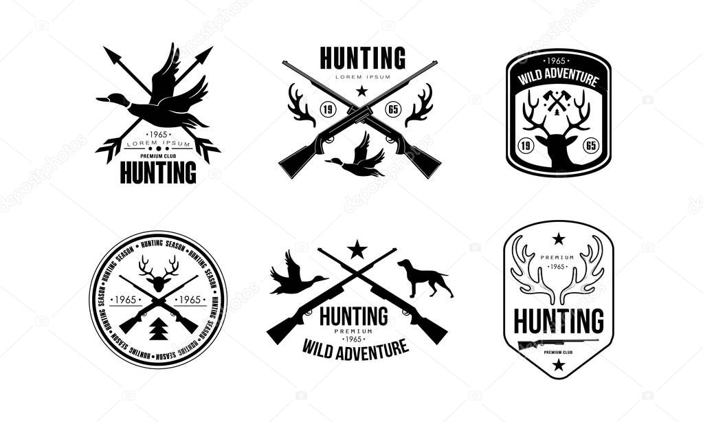 Hunting club logo, wild adventure retro badge, wildlife, hunting, travel, adventure labels vector Illustration isolated on a white background.