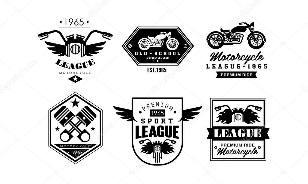 Vintage premium motorcycle league logo set, retro badges for biker club, motorcycle parts store, repair service vector Illustration on a white background