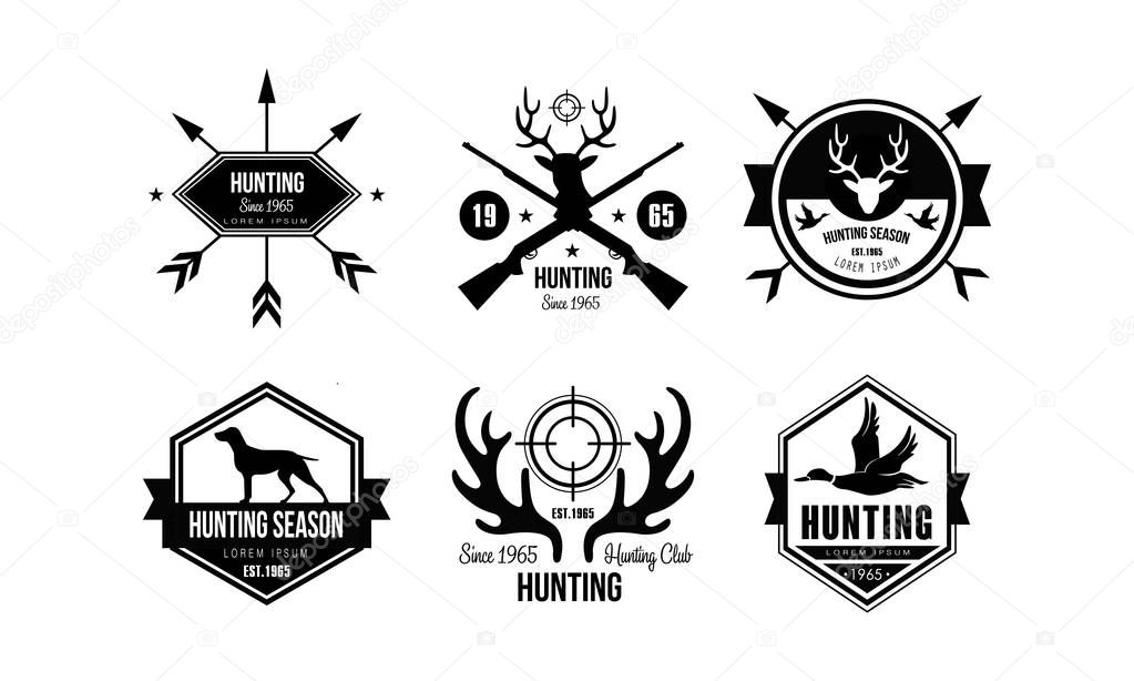 Hunting season logo, wildlife, travel, adventure retro labels vector Illustration on a white background