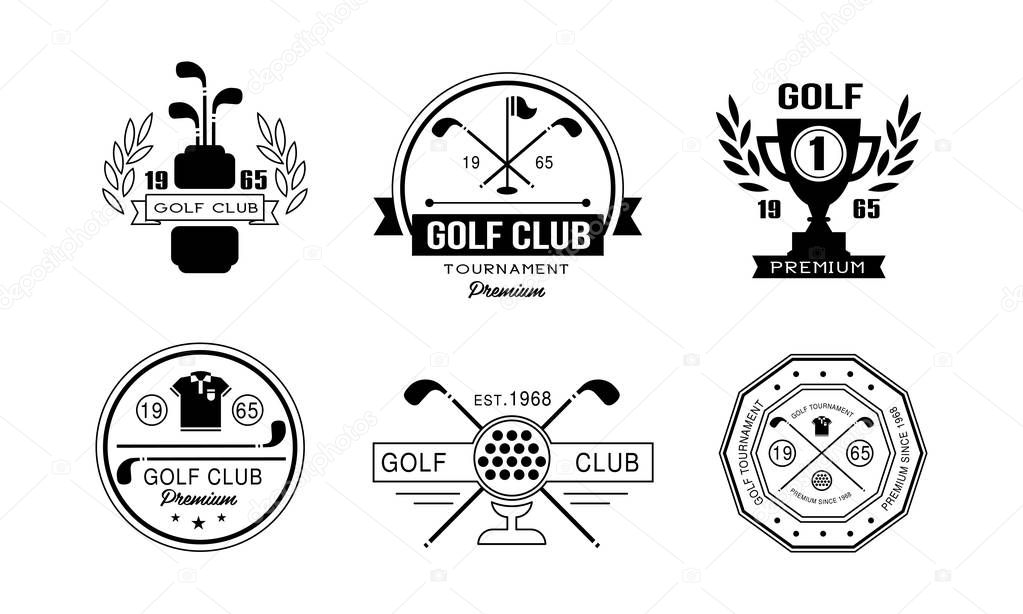 Golf club premium logo design set, golfing club retro badges, sport tournament or competition vintage labels vector Illustration isolated on a white background.