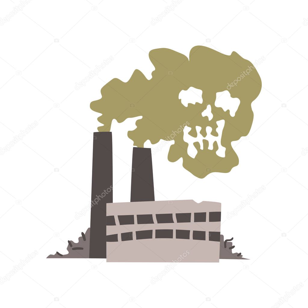 Nature pollution factory, dirty waste air in the shape of skull, ecological disastrous problem, environmental pollution concept, vector Illustration on a white background