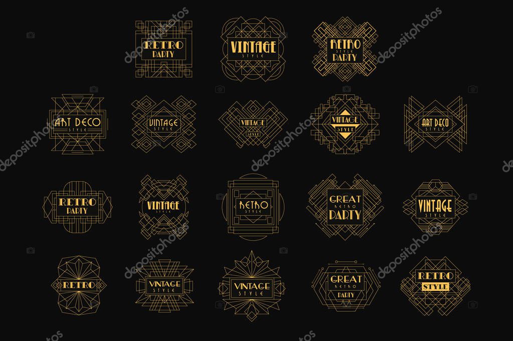 Set of decorative golden logos in vintage style. Elegant retro emblems in geometric shape. Linear design for business card, fashion boutique, party or wedding invitation. Isolated vector illustration