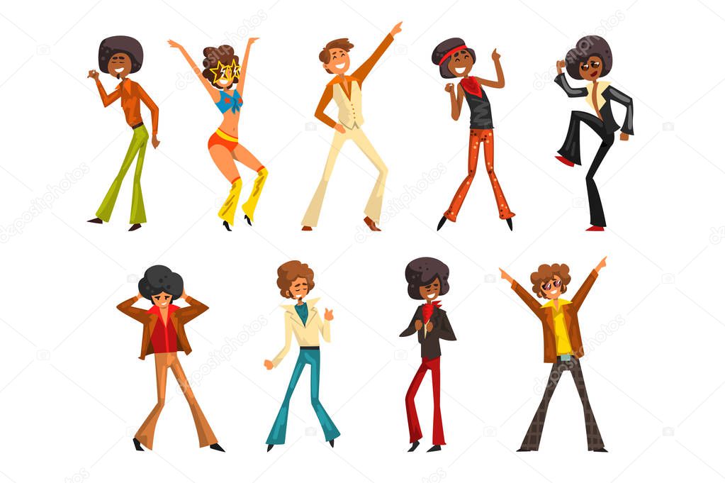 Male dancer moving body at music party, retro disco dancers sett of vector Illustrations isolated on a white background.