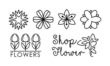 Çiçek dükkanı doğrusal logo ayarlamak, çiçek tasarım öğeleri marka kimliğini, çiçekçi salon vektör çizim beyaz bir arka plan için kullanılabilir