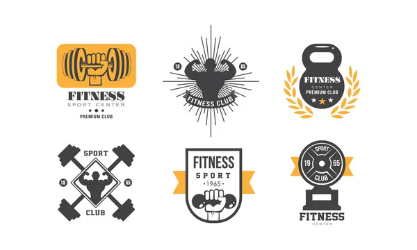 Fitness club logo ontwerpset, retro embleem voor premium sport centrum of gym vector illustratie op een witte achtergrond — Stockvector