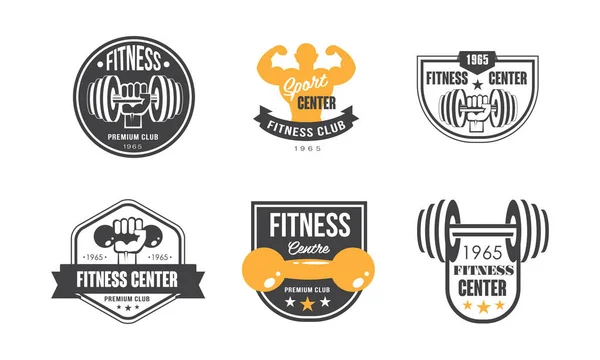 Fitness center-logo ontwerpset, retro embleem voor sport club of sportschool vector illustratie op een witte achtergrond — Stockvector