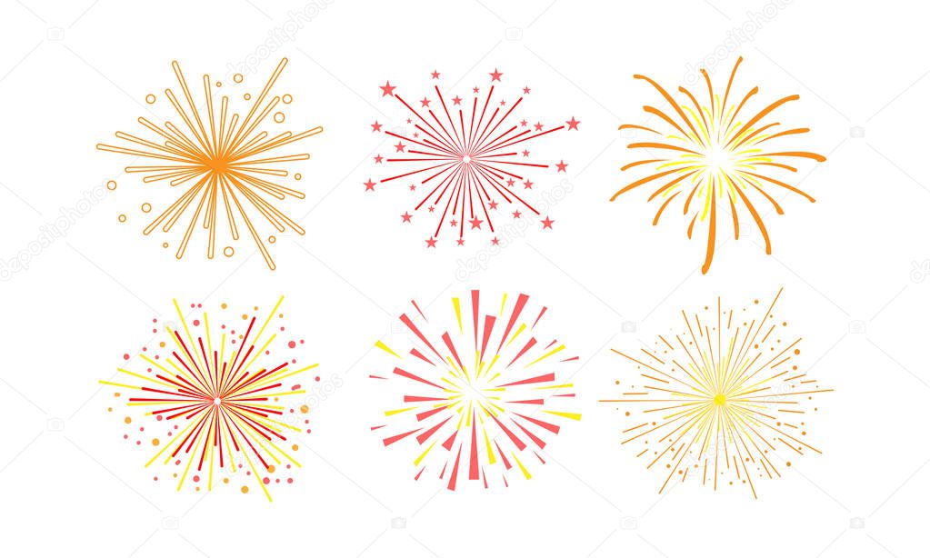 Colorful fireworks set, design element can be used for holidays, celebration party, anniversary or festival vector Illustration on a white background