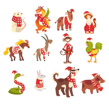 Symbols of New Year set, cute animals of Chinese horoscope in Santa Claus costumes vector Illustration on a white background