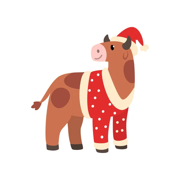 Vůl symbolem nového roku, roztomilé zvíře čínského horoskopu v Santa Claus kostým vektorové ilustrace na bílém pozadí — Stockový vektor