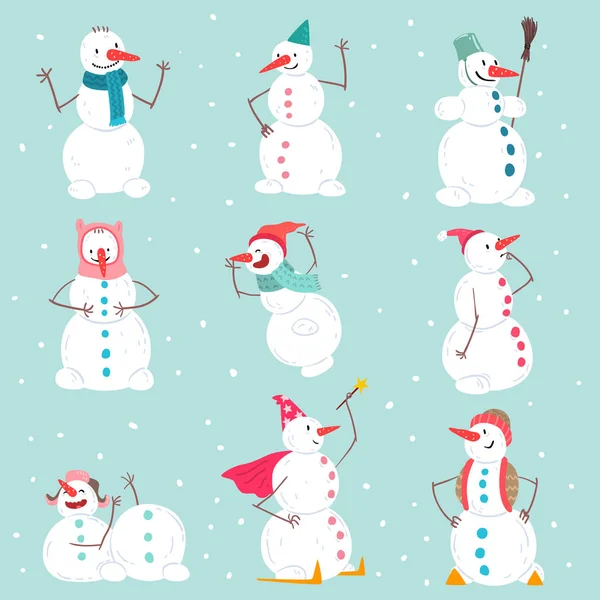 Смешные эмоциональные снеговики персонажей, действие которых происходит в различных ситуациях, Рождество и Новый год украшения элементов векторной иллюстрации — стоковый вектор