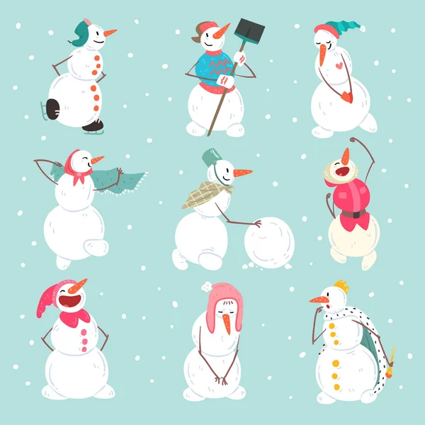 Personajes divertidos muñecos de nieve en diferentes situaciones, Navidad y Año Nuevo elementos de decoración vector Ilustración — Vector de stock