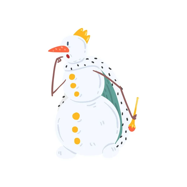 Lustige König Schneemann Charakter in einer Krone und Mantel, Weihnachten und Neujahr Urlaub Dekoration Element Vektor Illustration auf weißem Hintergrund — Stockvektor