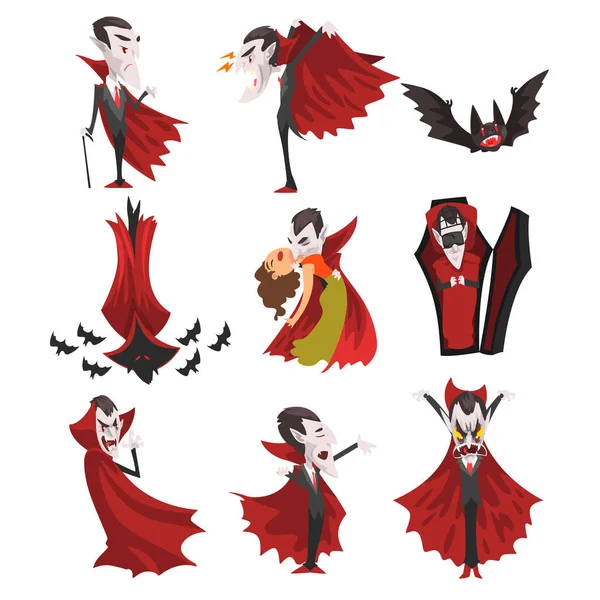 Count Dracula set, personaggio dei cartoni animati vampiri in mantello rosso in diverse situazioni vettoriale Illustrazione su sfondo bianco — Vettoriale Stock