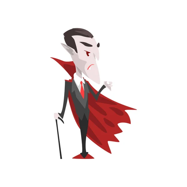 Count Dracula, vampire cartoon character wearing in a black suit and red cape vector Illustration on a white background — Stock Vector