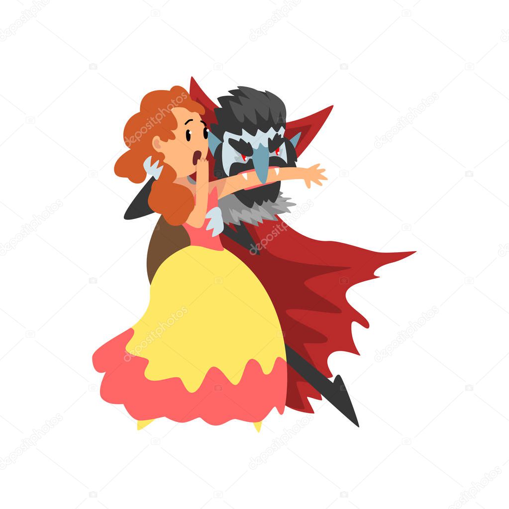 Count Dracula biting a young beautiful woman, vampire cartoon character wearing vector Illustration on a white background