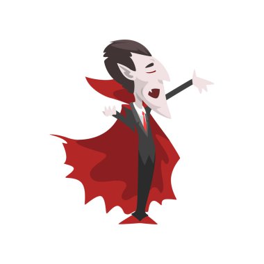 Kont Dracula, siyah takım elbise ve beyaz zemin üzerine kırmızı pelerin vektör çizim giyen vampir çizgi film karakteri