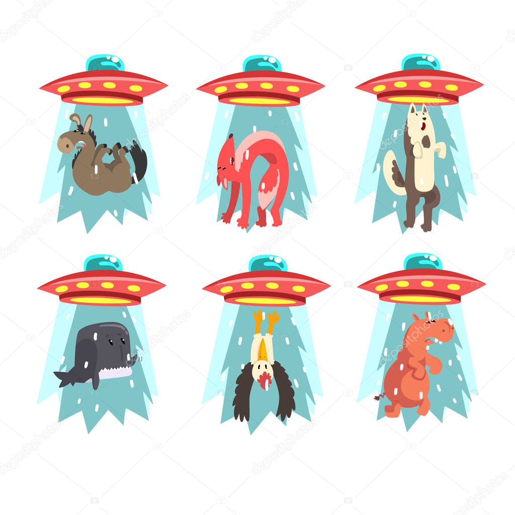 Alien UFO spaceship taking away animals, flying saucer taking wild animals, fish, and bird using light beam vector Illustration isolated on a white background.