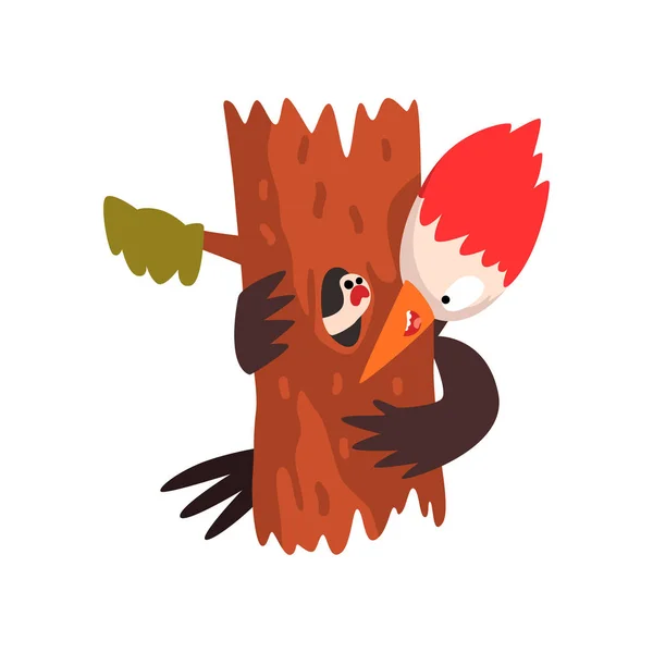 Divertido pájaro carpintero sentado en un árbol y mirando a un gusano, lindo pájaro de dibujos animados personaje vector Ilustración sobre un fondo blanco — Vector de stock