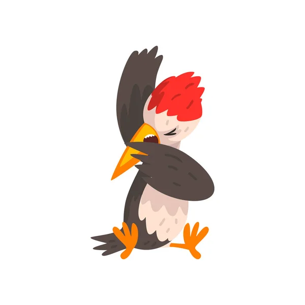 Bonito engraçado woodpecker pássaro desenho animado personagem sentado vetor Ilustração em um fundo branco — Vetor de Stock
