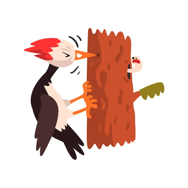 Niedlichen Specht sitzt auf einem Baum und klopft, lustige Vogel Cartoon-Charakter Vektor-Illustration auf weißem Hintergrund — Stockvektor