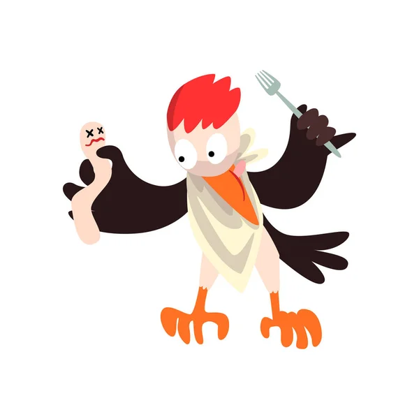 Grappige specht met doden en vork, vogel stripfiguur gaan eten vector illustratie op een witte achtergrond — Stockvector