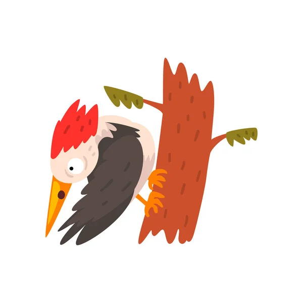 Picchio carino seduto su un albero e guardando verso il basso, divertente uccello personaggio dei cartoni animati vettore Illustrazione su uno sfondo bianco — Vettoriale Stock