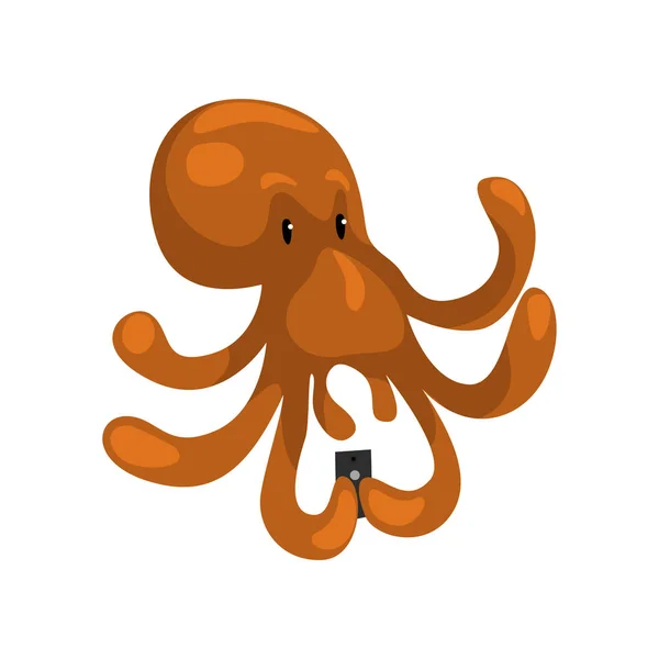 Octopus met smartphone, schattige dierlijk beeldverhaalkarakter met moderne gadget vector illustratie op een witte achtergrond — Stockvector