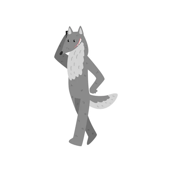 Wolf steht und telefoniert, niedliche Tier-Cartoon-Figur mit moderner Gadget-Vektor-Illustration auf weißem Hintergrund — Stockvektor