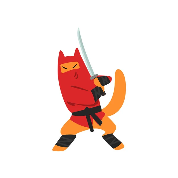 Ninja perro personaje luchando con un vector espada katana Ilustración sobre un fondo blanco — Vector de stock