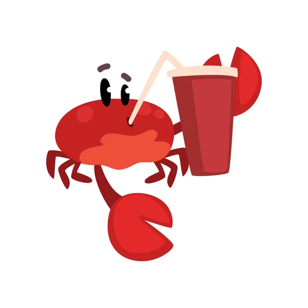 Crab character with paper cup of soda drink with straw, cute sea creature with funny face vector Illustration on a white background — Stock Vector