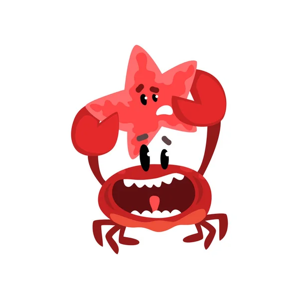 Happy crab character holding starfish, cute sea creatures with funny faces vector Illustration on a white background — Stock Vector