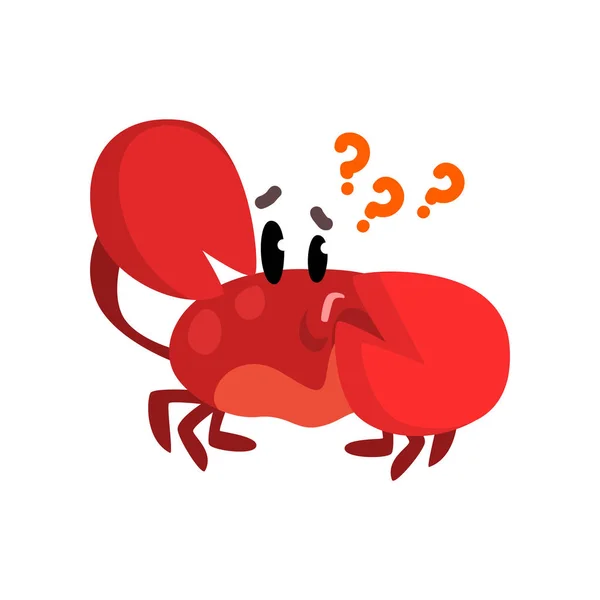 Crab character thinking with question marks, cute sea creature with funny face vector Illustration on a white background — Stock Vector