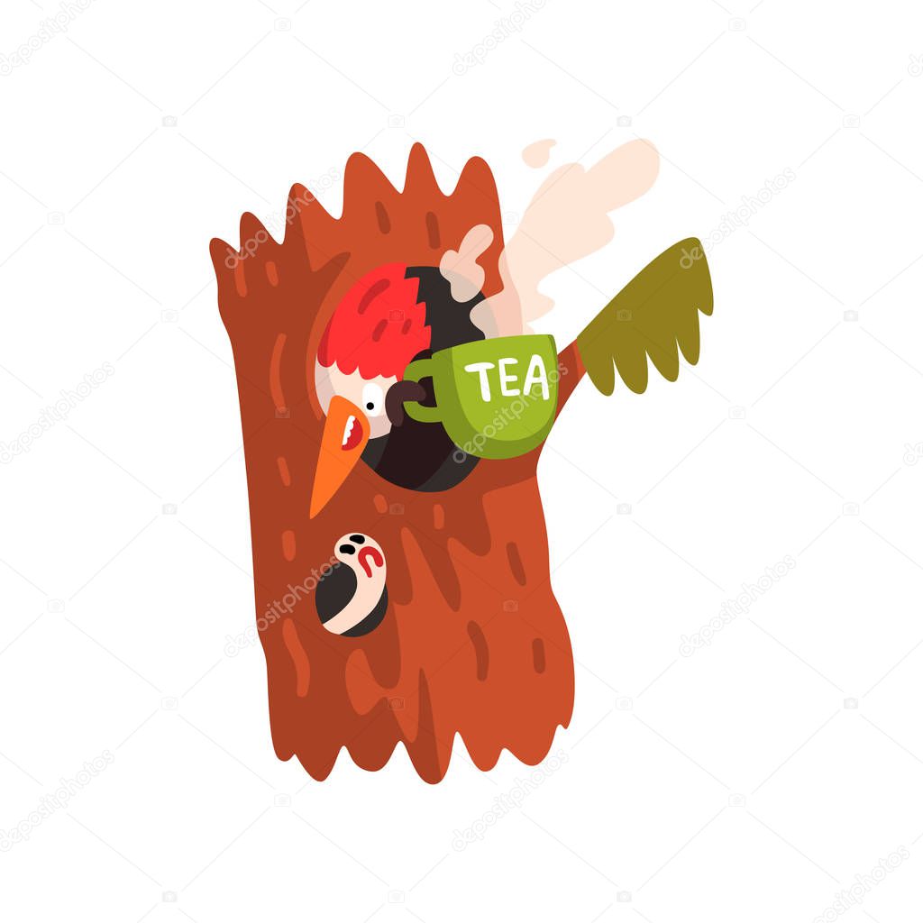Funny woodpecker sitting in the hollow with a cup of tea, cute bird cartoon character vector Illustration on a white background