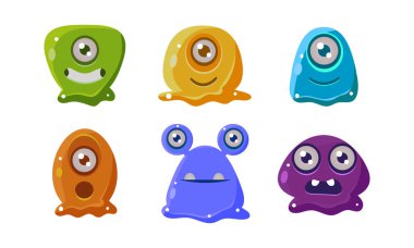 Komik karikatür renkli parlak küme uzaylılarla, Kullanıcı arabirimi varl›klara mobil apps ya da video oyunları üzerinde beyaz bir adam illüstrasyon vektör