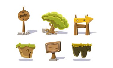 Ağaç, ahşap işaretler, taşlar, doğal peyzaj, Kullanıcı arabirimi varl›klara mobil apps ya da video oyunları unsurları üzerinde beyaz bir arka plan illüstrasyon vektör