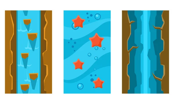 Folyó és a víz alatti varrat nélküli tájak készlet felhasználói felület eszközök mozgatható apps vagy játékok vektoros illusztráció egy fehér háttér — Stock Vector