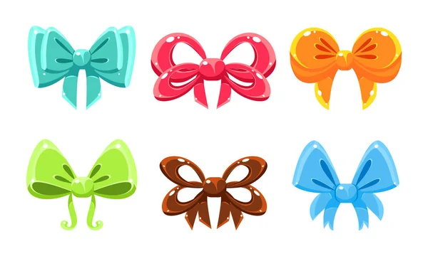 Cute glossy bows of different colors, user interface assets for mobile apps or video games vector Illustration on a white background — Stock Vector