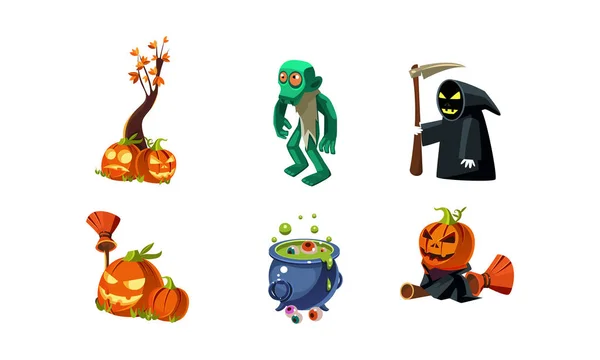 Halloween liittyviä esineitä ja olentoja asetettu, zombie, pelottava kurpitsa, kuolema viikate, pata taikajuoma, käyttöliittymä varat mobiilisovelluksia tai videopelejä vektori Kuvitus — vektorikuva